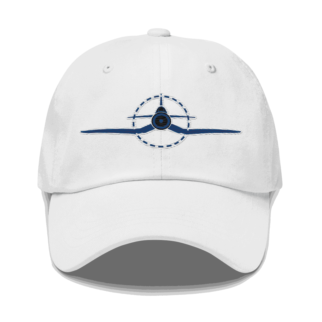White embroidered f4u cap featuring WWII Corsair airplane design, adjustable unstructured aviation dad hat