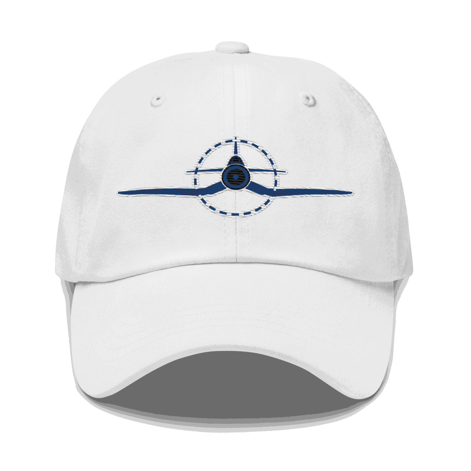 White embroidered f4u cap featuring WWII Corsair airplane design, adjustable unstructured aviation dad hat