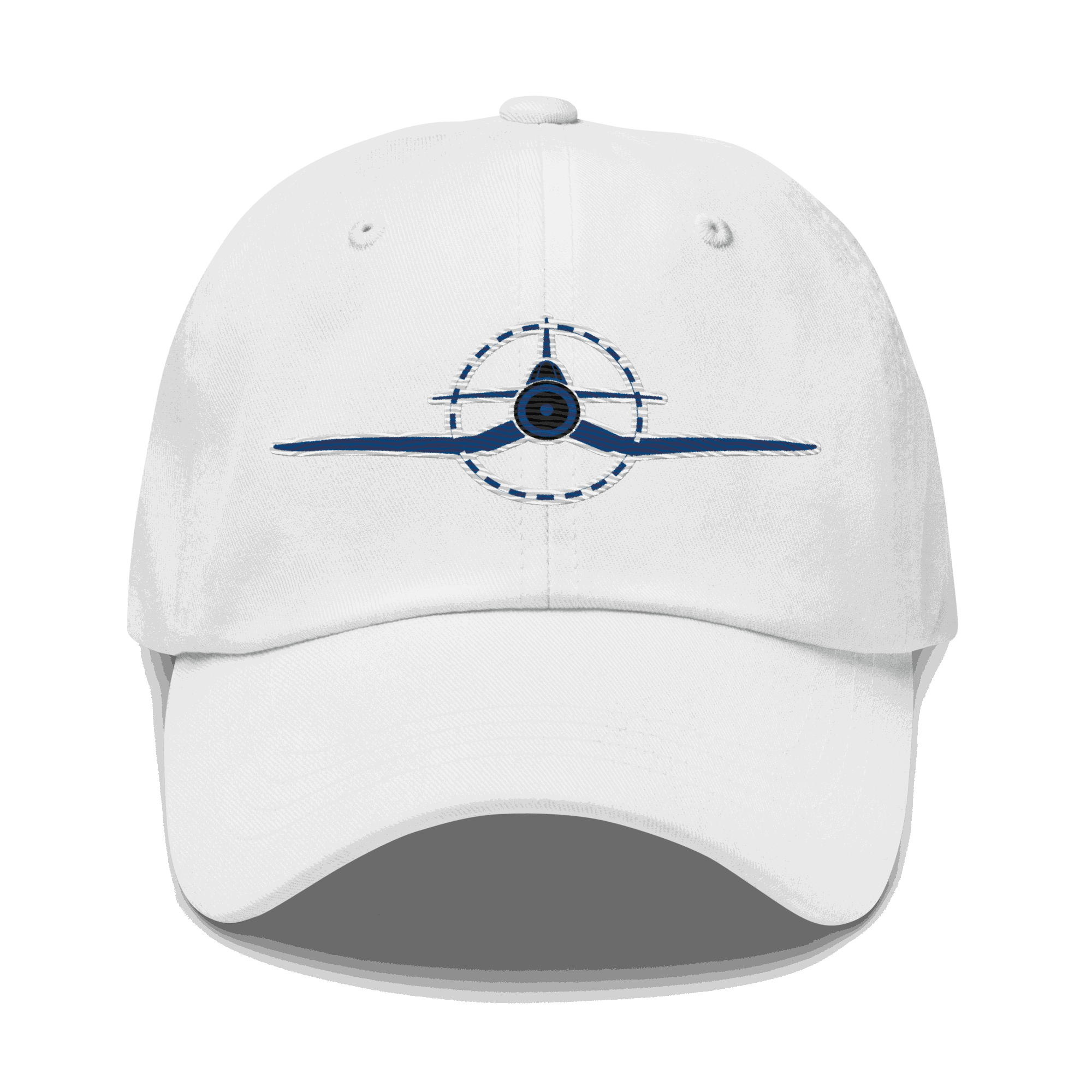 White embroidered f4u cap featuring WWII Corsair airplane design, adjustable unstructured aviation dad hat