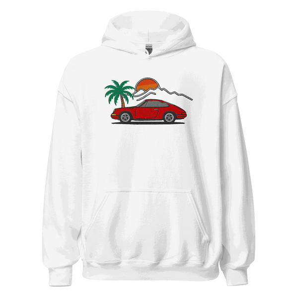German Sports Car Hoodie — Sunset & Palm Trees