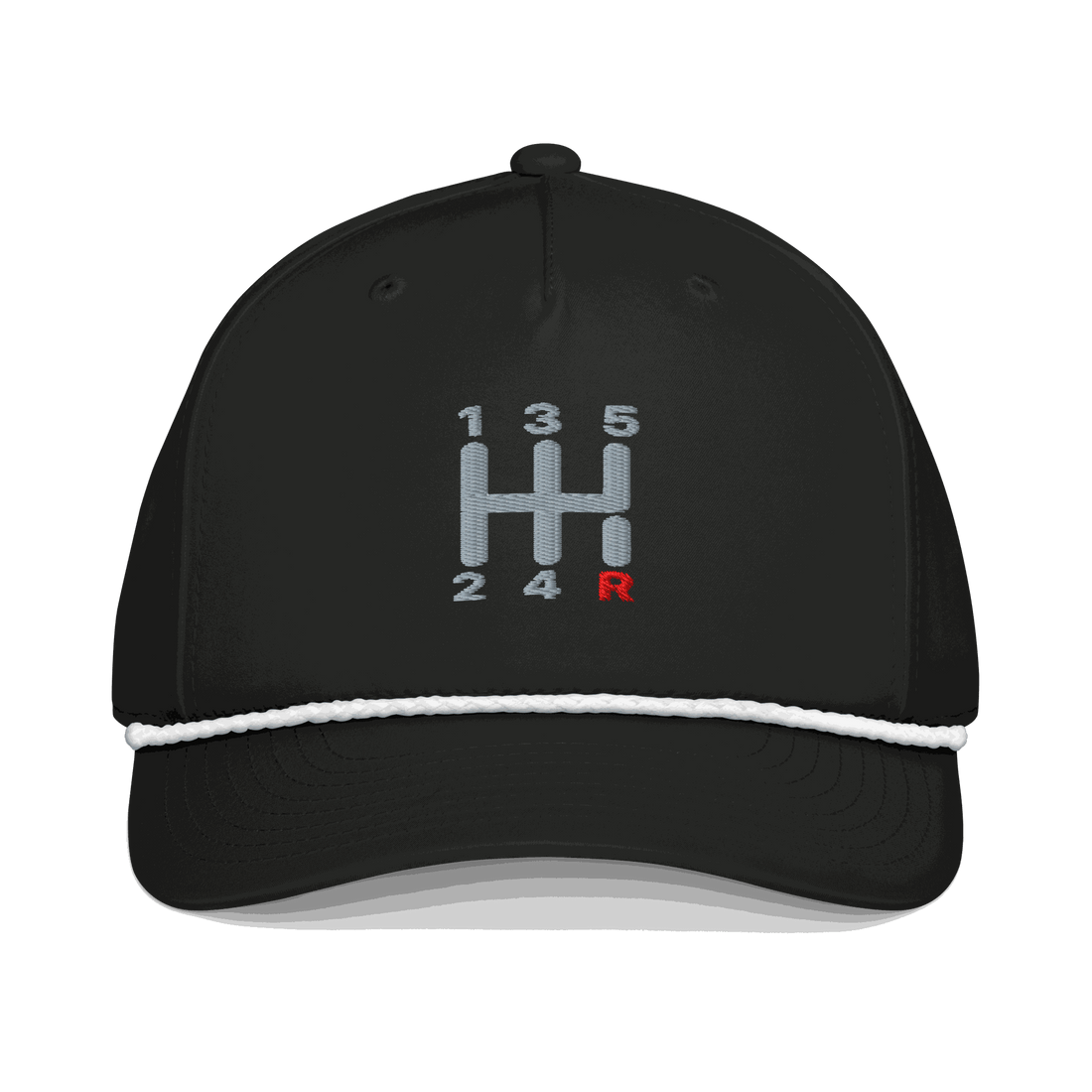 Black manual transmission automotive hat with embroidered stick shift design and white braided rope on bill
