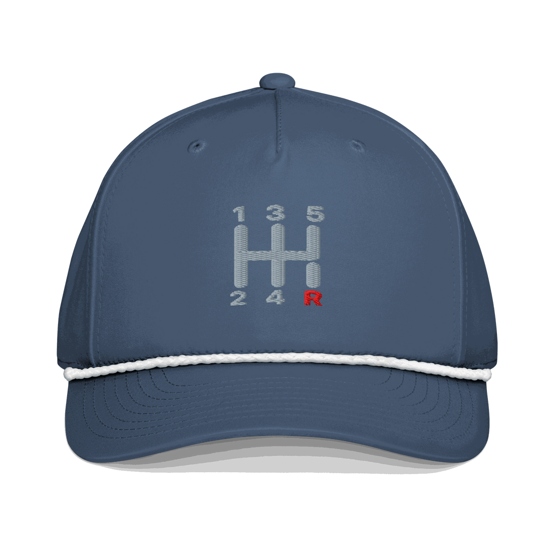 Navy blue manual transmission automotive hat with embroidered stick shift design and white braided rope detail on bill