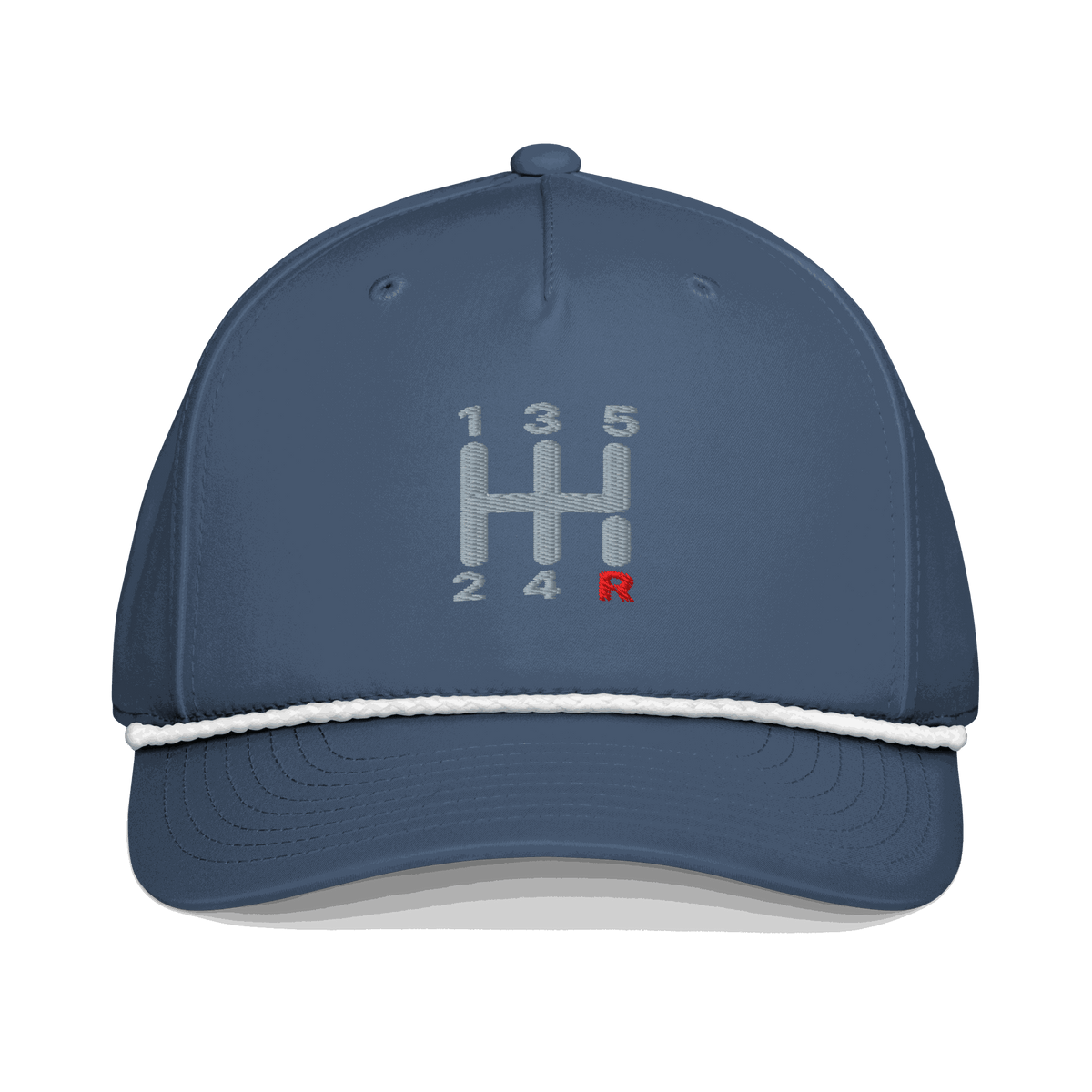 Navy embroidered automotive steering wheel hat with manual transmission shift pattern design and curved visor
