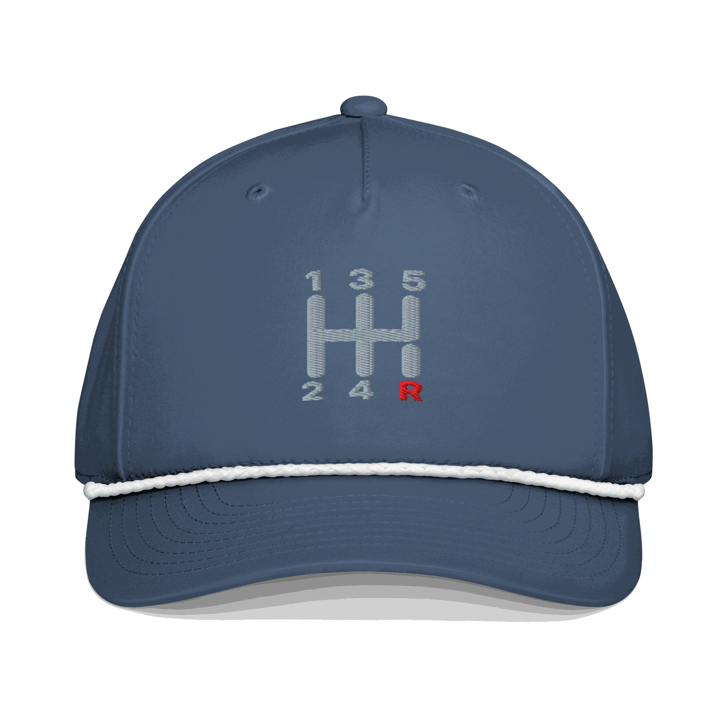Navy blue manual transmission automotive hat with embroidered stick shift design and white braided rope detail on bill