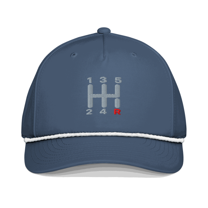 Navy embroidered automotive steering wheel hat with manual transmission shift pattern design and curved visor