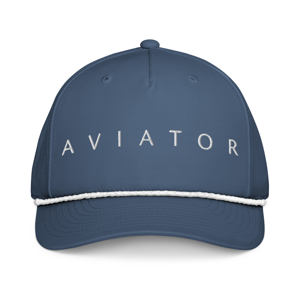 Aviation rope cap in navy blue with white braided rope detail and 'AVIATOR' text on the front.