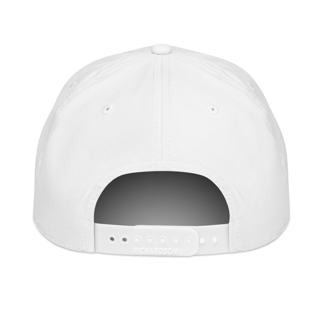 Back view of aviation rope cap featuring an adjustable snapback closure and white polyester fabric.