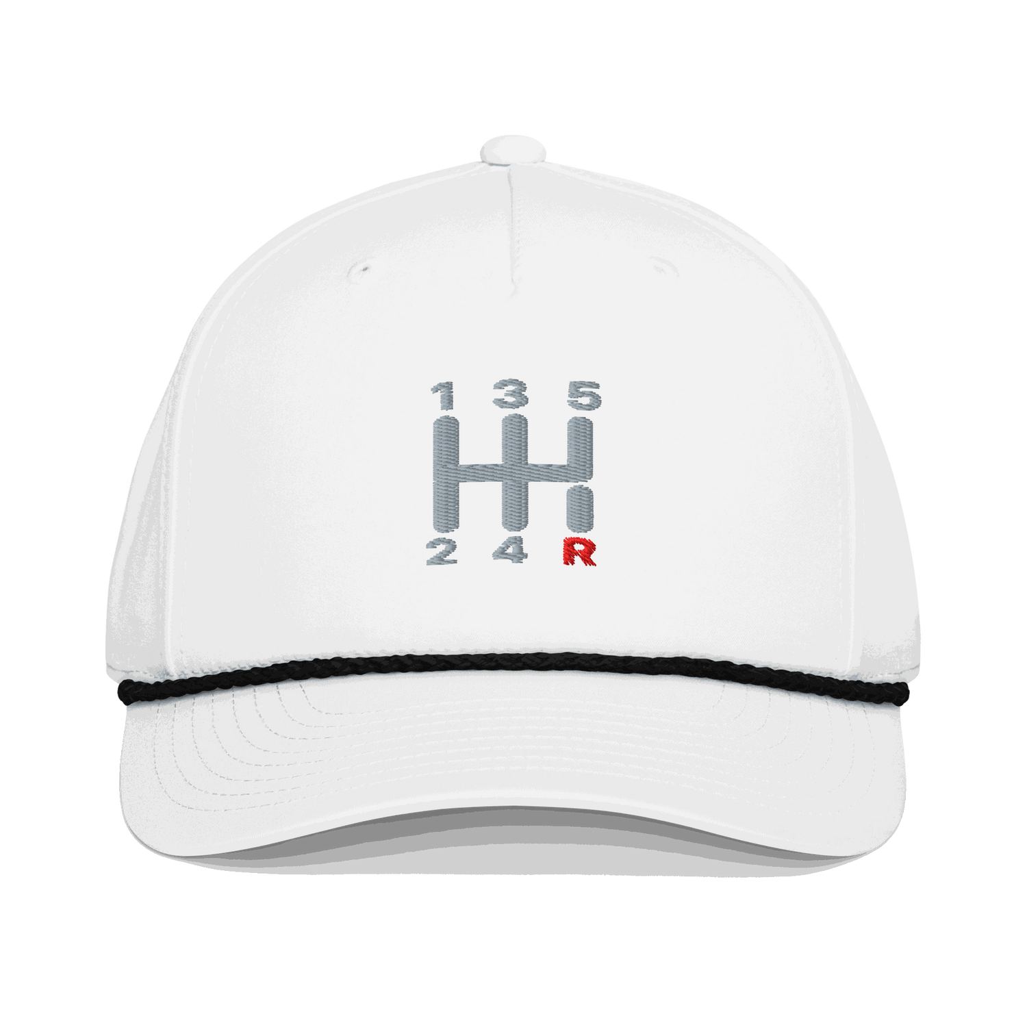 White manual transmission automotive hat with embroidered stick shift design and braided rope detail on bill