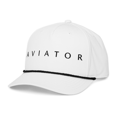 Aviation rope cap in white featuring braided rope detail and adjustable snapback, perfect for outdoor activities.