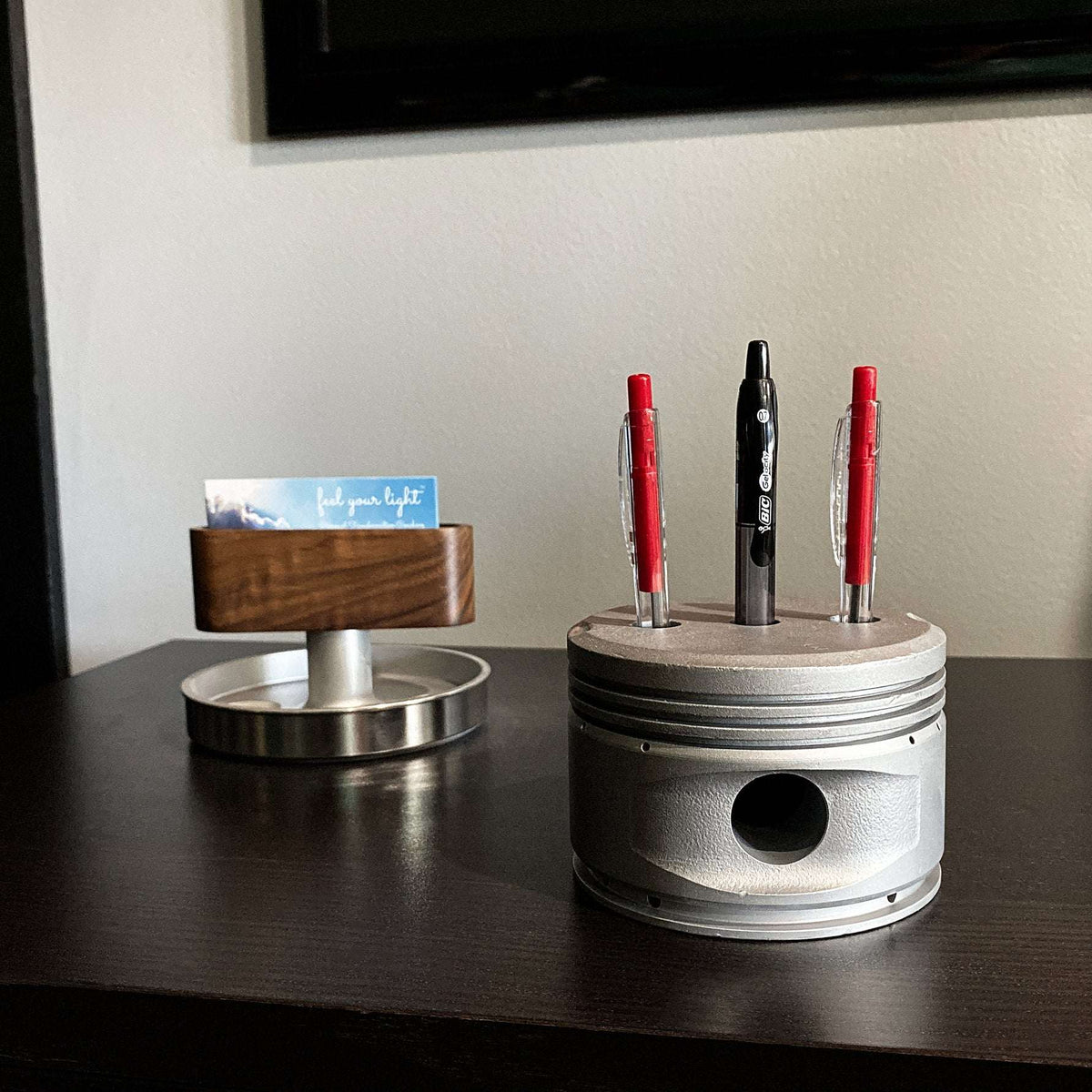 airplane engine desk accessory  1950s Continental 0-300 piston pencil pen marker holder from Cessna 172 Skyhawk, raw metal finish with vintage patina