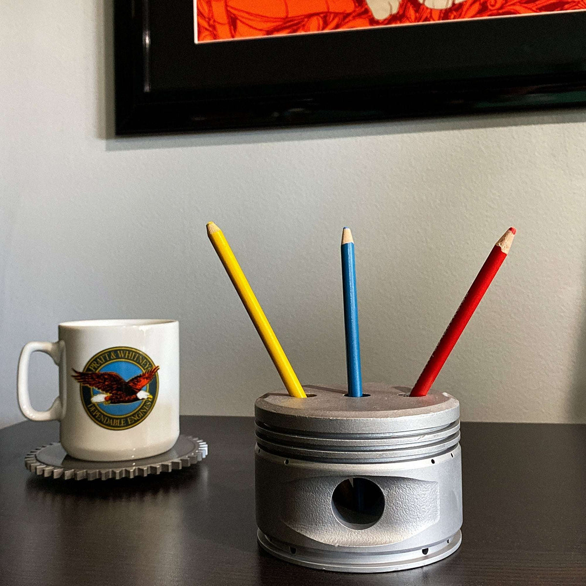 airplane engine desk accessory Continental 0-300 piston pencil pen holder from 1950s Cessna 172 Skyhawk aircraft, raw metal finish, handmade in USA