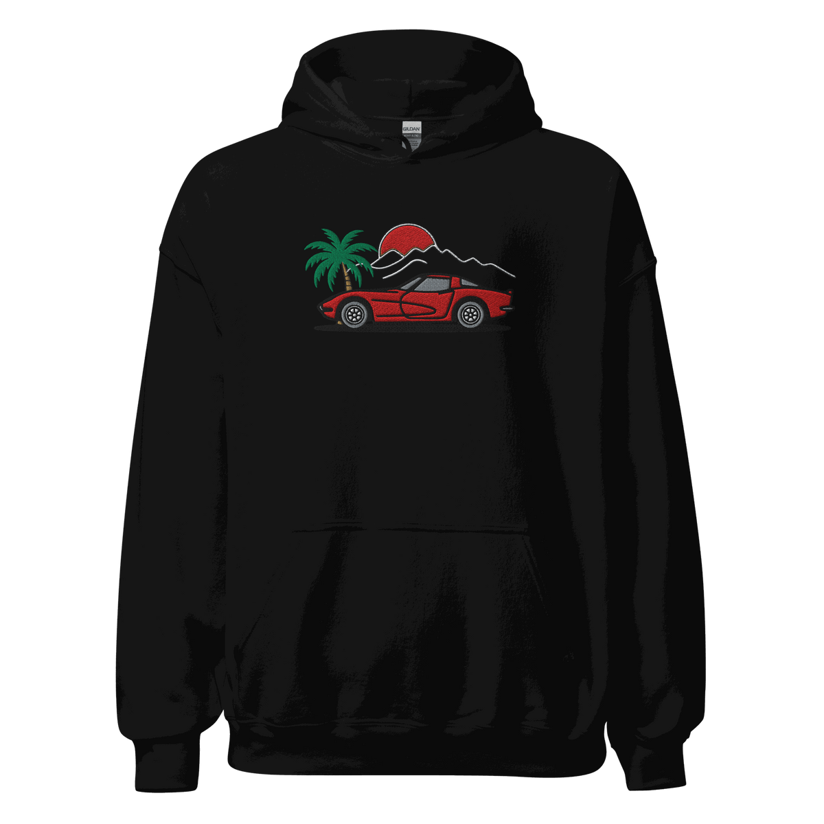 Unisex Corvette Sunset Palm Hoodie with retro sunset, palm trees, and classic Corvette silhouette design