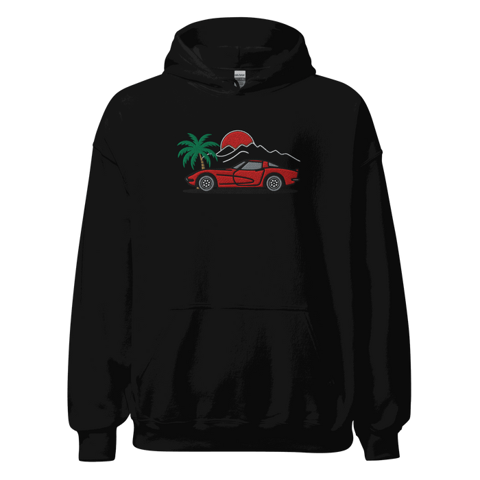 Unisex Corvette Sunset Palm Hoodie with retro sunset, palm trees, and classic Corvette silhouette design