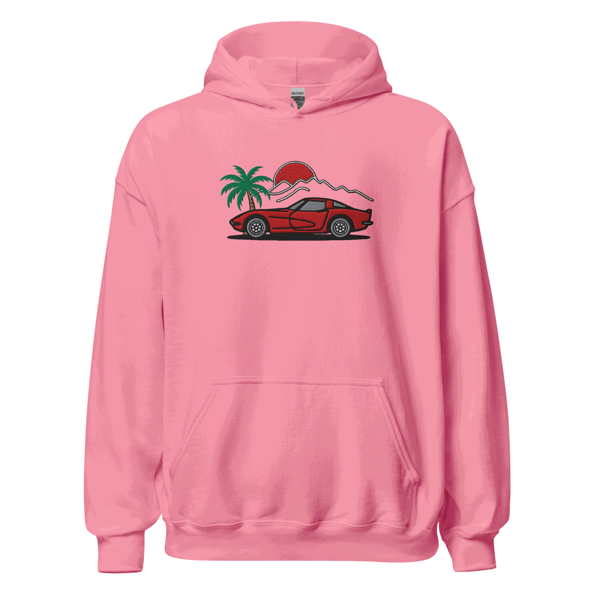 Unisex Corvette Sunset Palm Hoodie with retro sunset, palm trees, and Corvette silhouette design