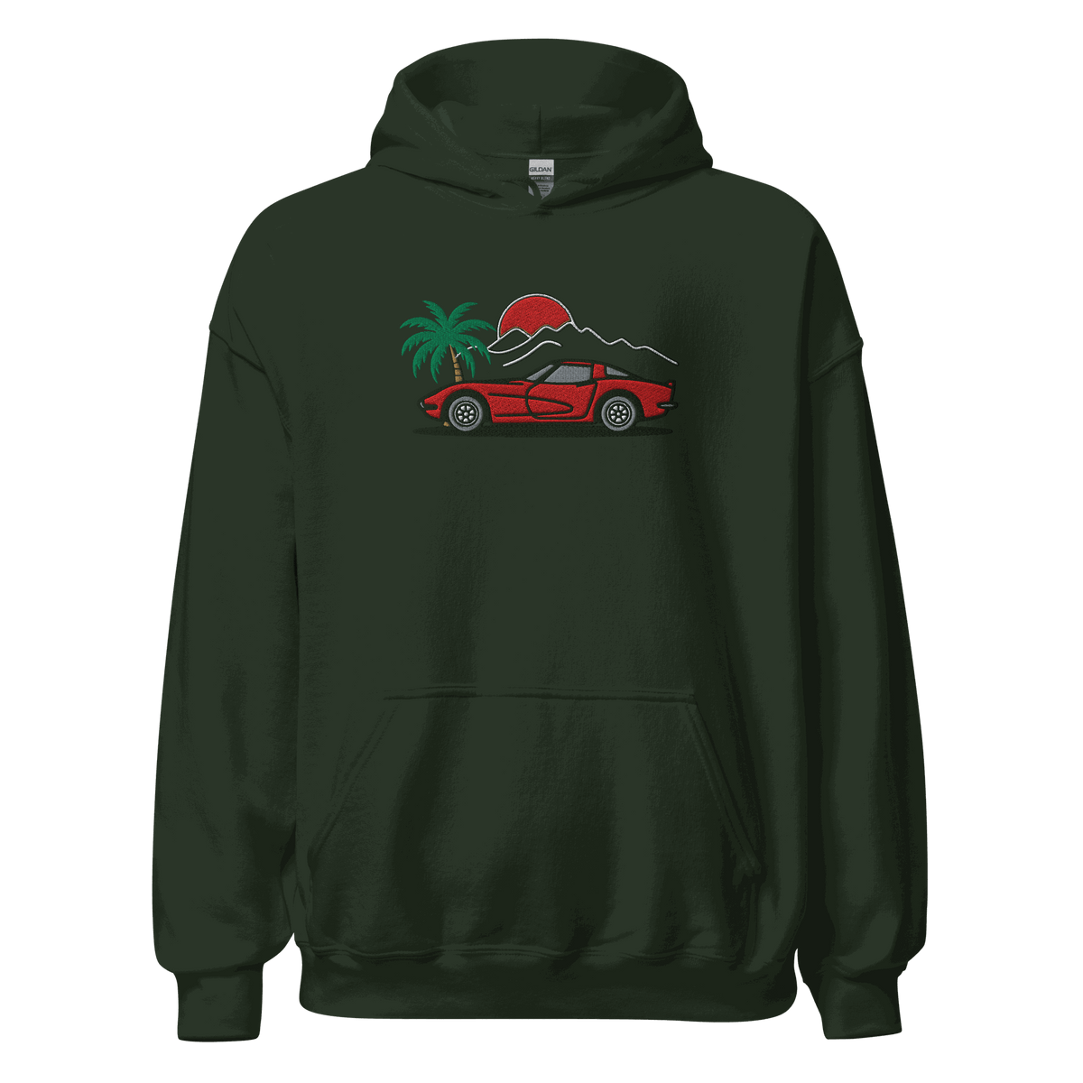 Corvette Sunset Palm Hoodie with retro sunset and palm design, unisex fleece pullover featuring Corvette silhouette against sunset background