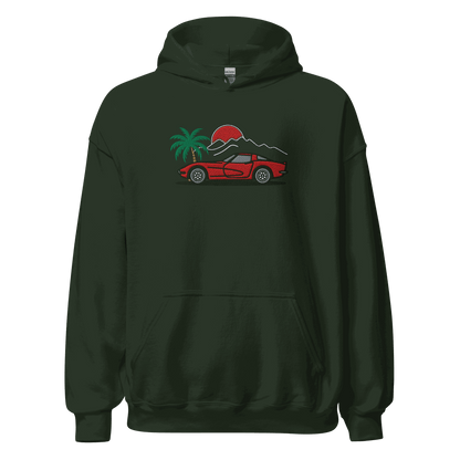 Corvette Sunset Palm Hoodie – Classic Stingray Vibes Unisex - Prop and Piston