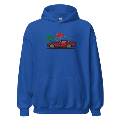 Corvette Sunset Palm Hoodie – Classic Stingray Vibes Unisex - Prop and Piston