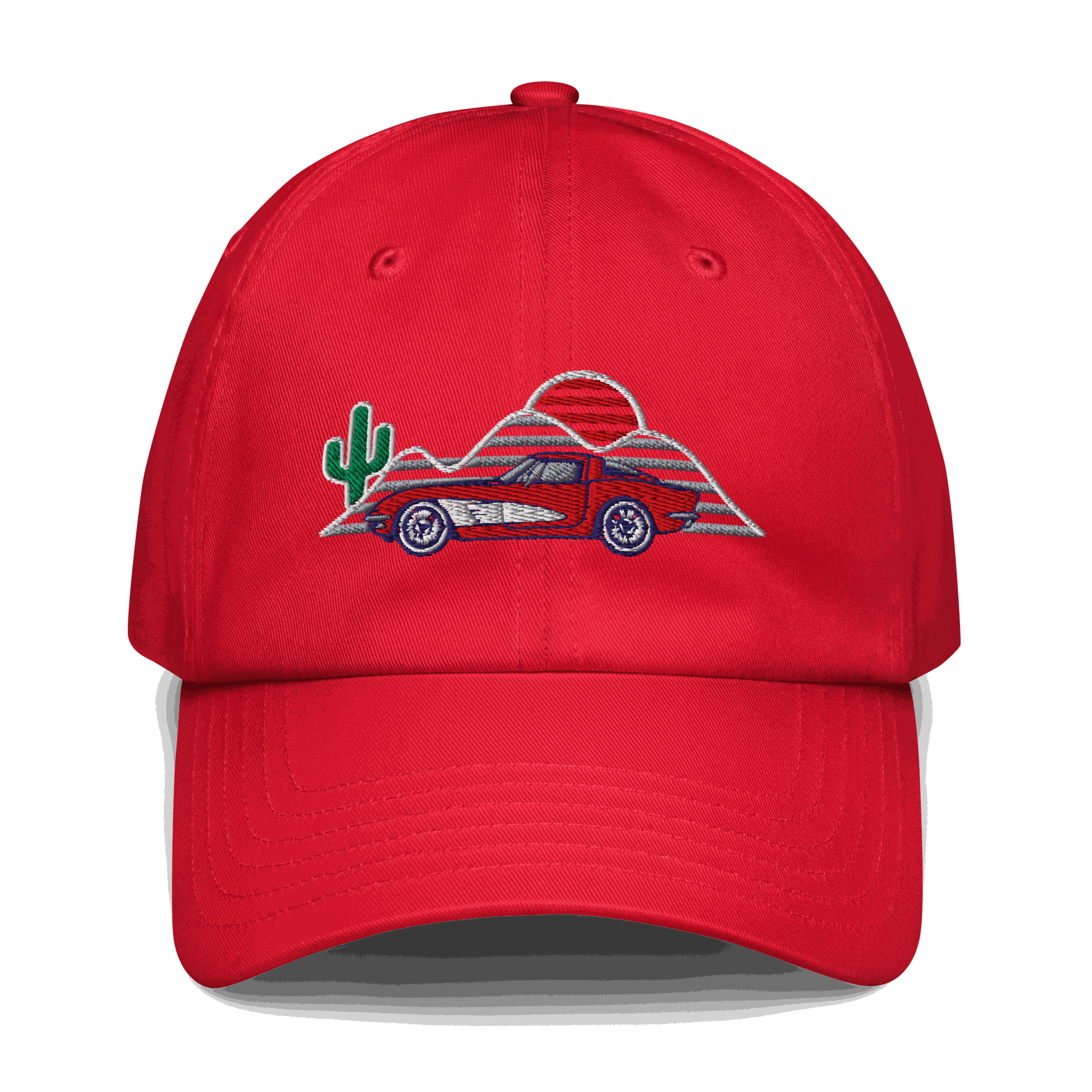 Corvette Sunset Trucker Hat – Embroidered Corvette Automotive Hat Red - Prop and Piston