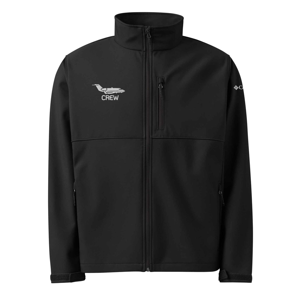 CREW Columbia black soft shell jacket with zipper pockets and embroidered logo, wind and water-resistant design