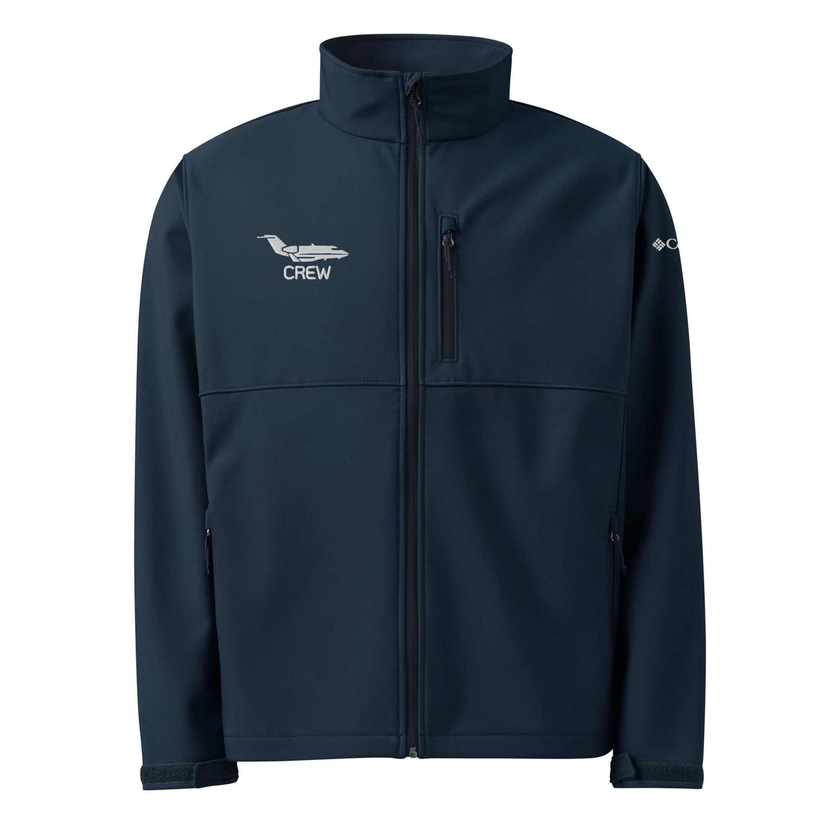 CREW Columbia navy soft shell jacket with zipper pockets and embroidered logos