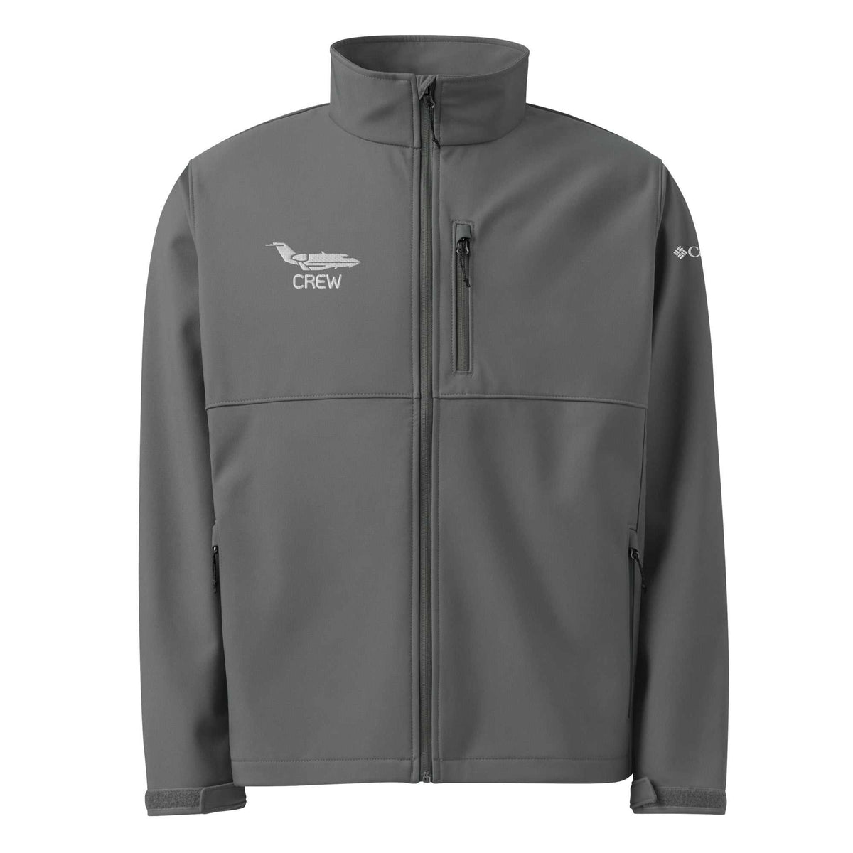 CREW Columbia gray soft shell jacket with zippered pockets and embroidered logo