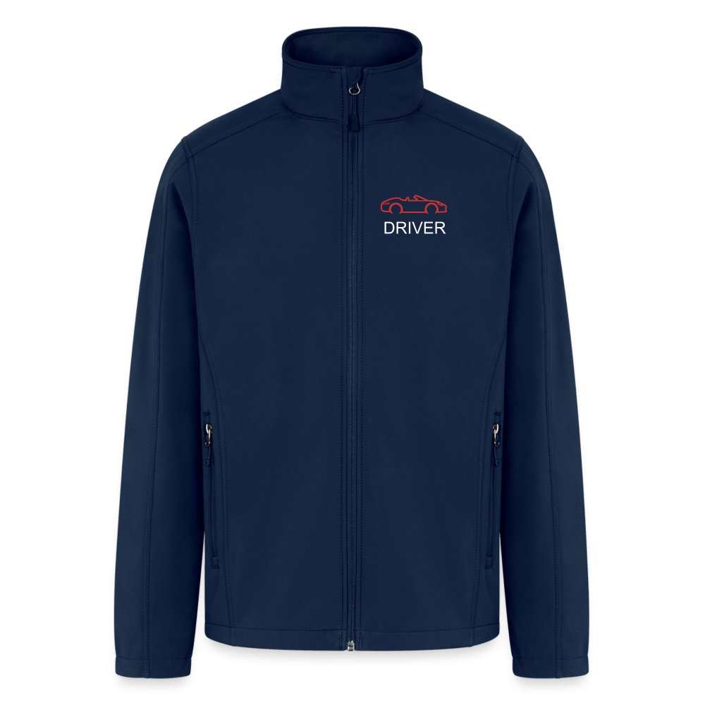Navy soft shell jacket with customizable &quot;Driver&quot; text and graphic, water-resistant and windproof design