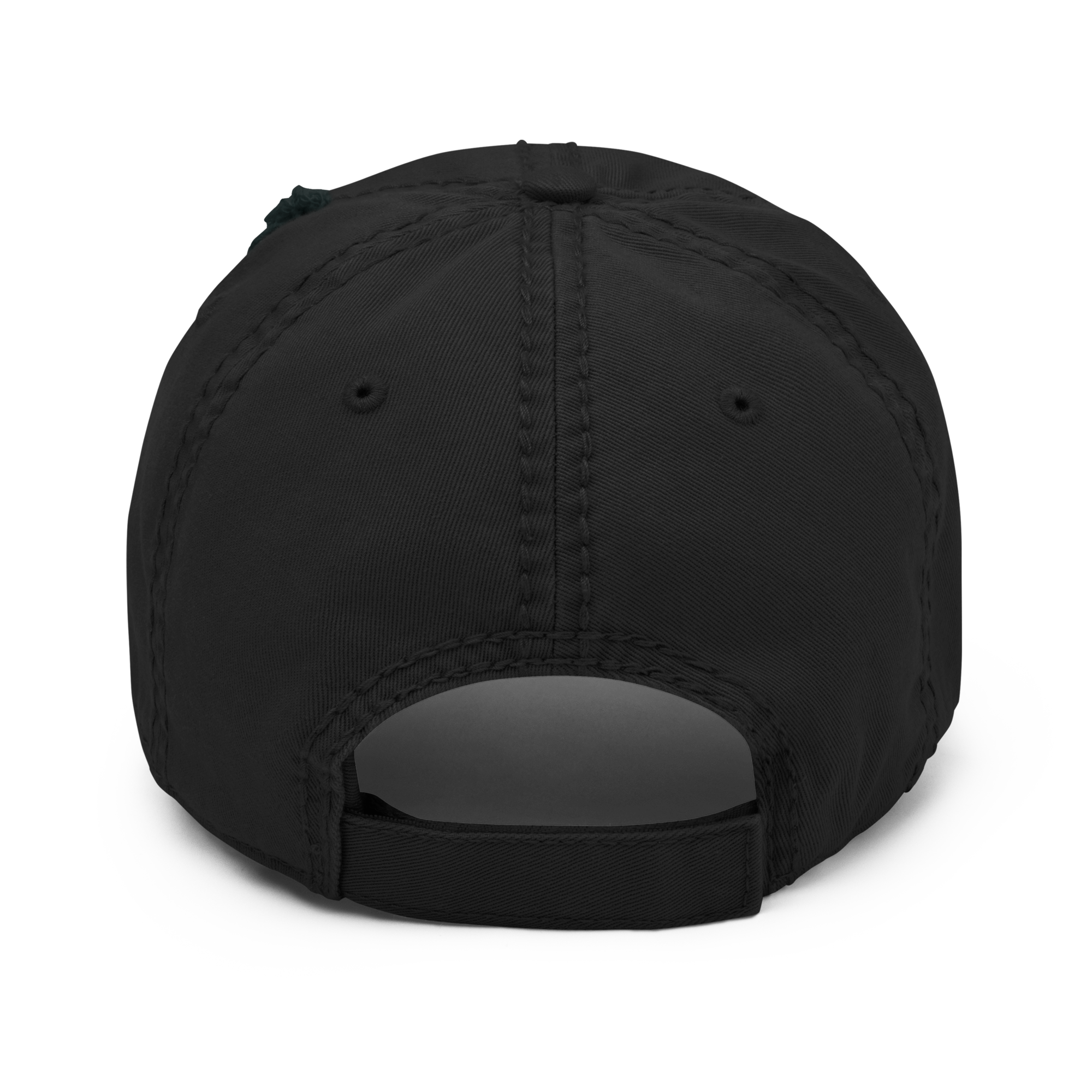 Back view of a distressed aviation dad hat showcasing the black fabric and adjustable strap design.