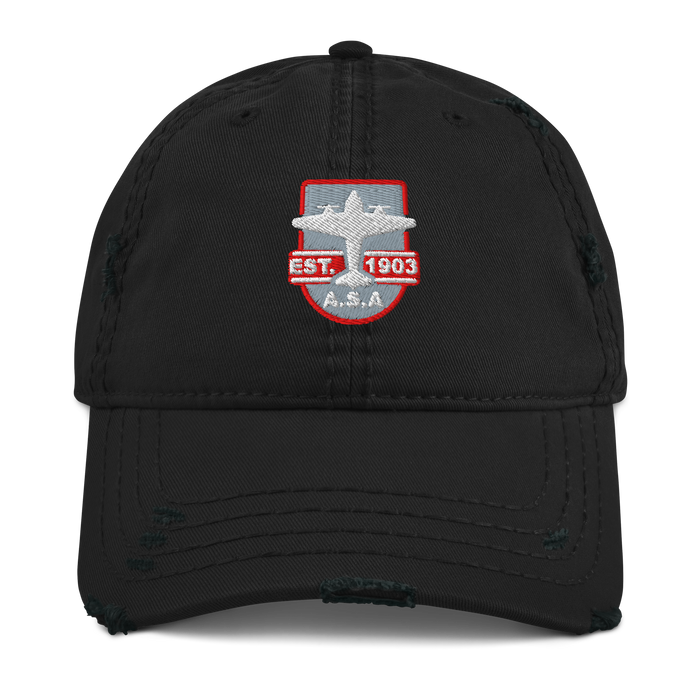 Vintage aviation hat with distressed cotton twill, adjustable strap, and low-profile design