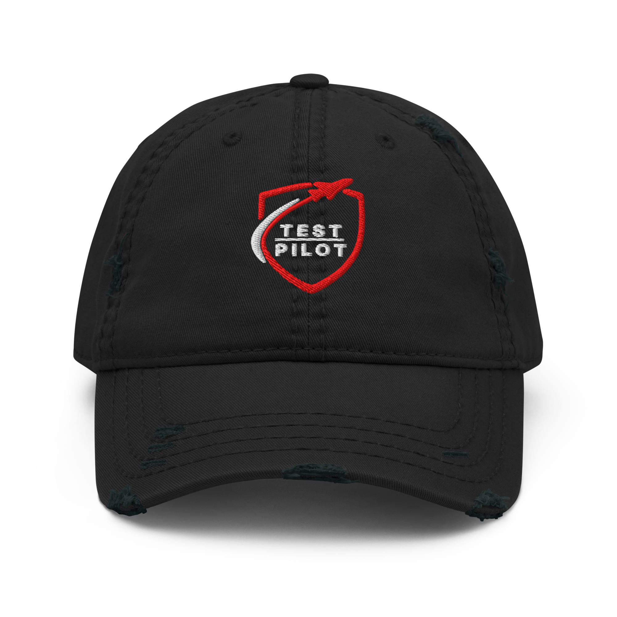 Test Pilot Aviation Hat featuring a distressed brim and embroidered logo for stylish headwear.