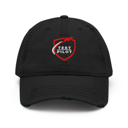 Test Pilot Aviation Hat featuring a distressed brim and embroidered logo for stylish headwear.