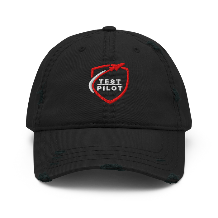 Test Pilot Aviation Hat featuring a distressed brim and embroidered logo for stylish headwear.