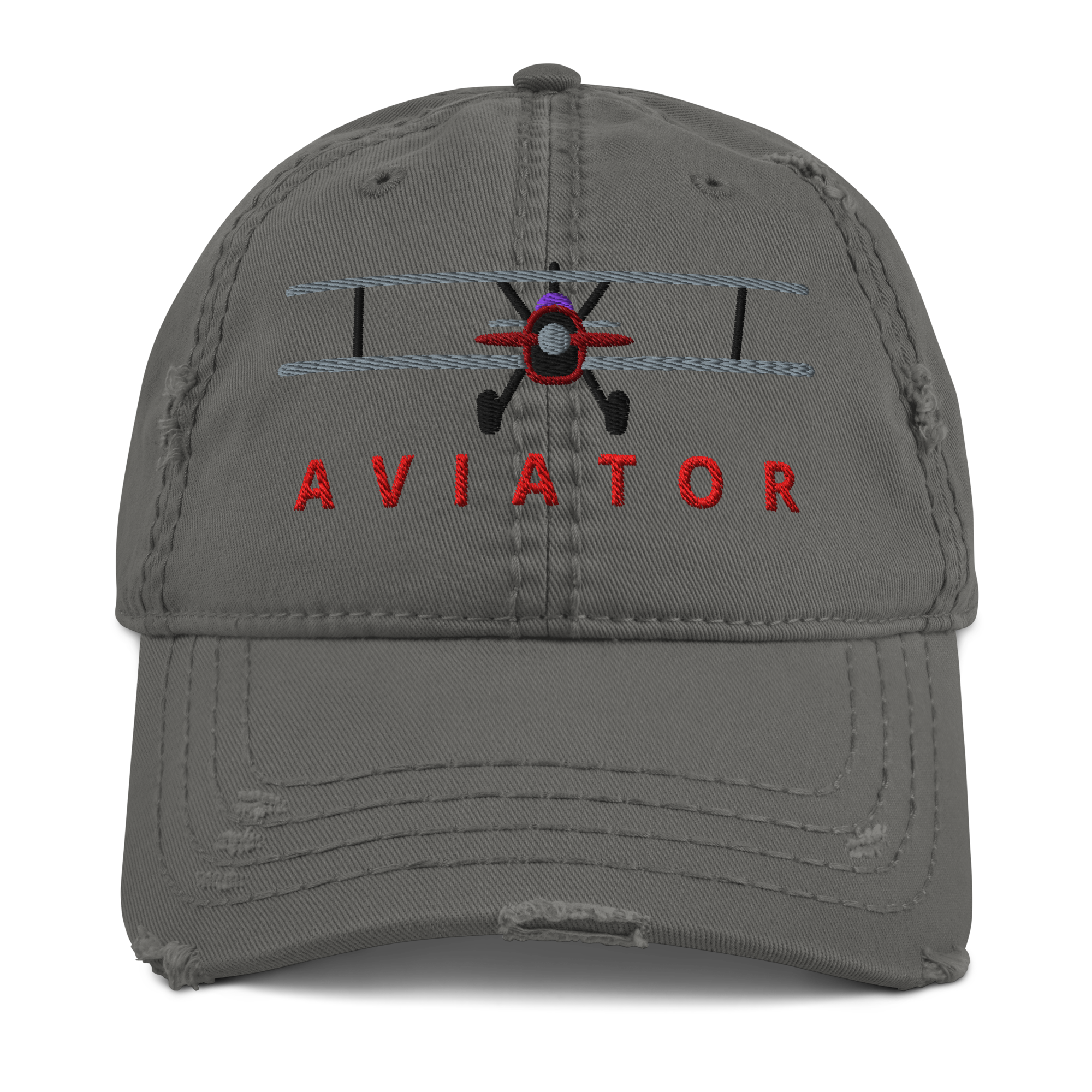Charcoal grey distressed aviation hat with biplane embroidery