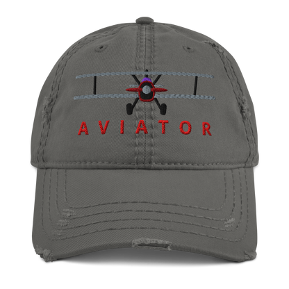 Charcoal grey distressed aviation hat with biplane embroidery