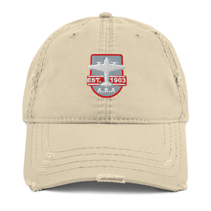 Vintage aviation hat with distressed brim and adjustable strap in cotton twill fabric