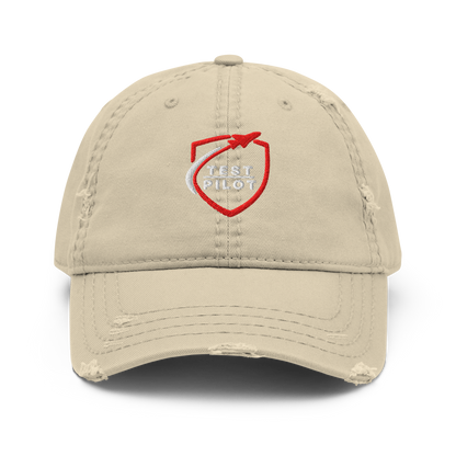 Test Pilot Aviation Hat featuring a distressed design and embroidered logo, perfect for stylish headwear.