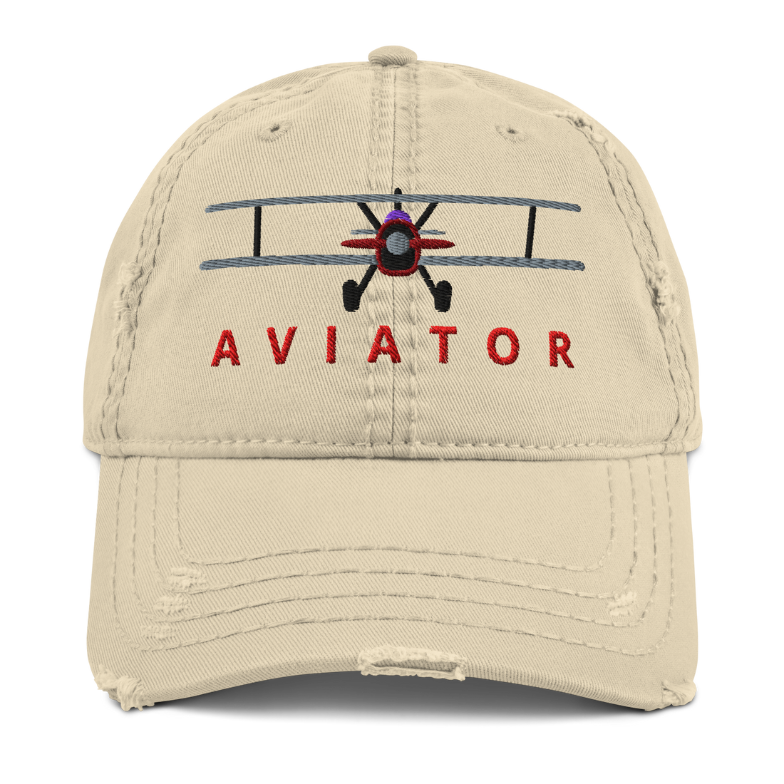 Distressed biplane dad hat in khaki, front view