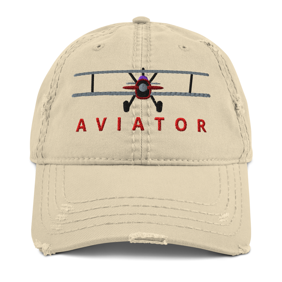 Distressed biplane dad hat in khaki, front view