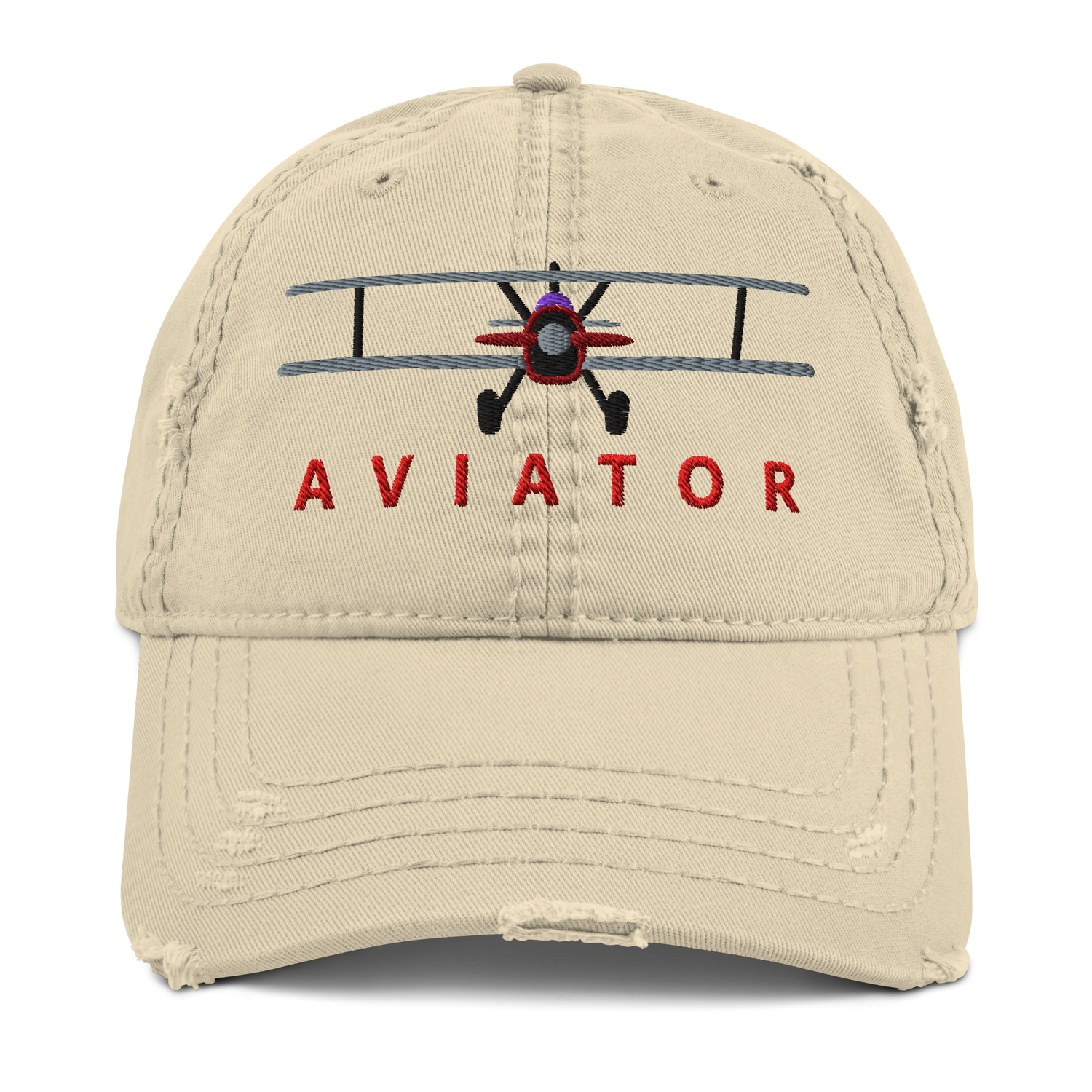 Distressed biplane dad hat in khaki, front view