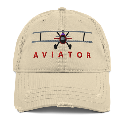 Distressed biplane dad hat in khaki, front view