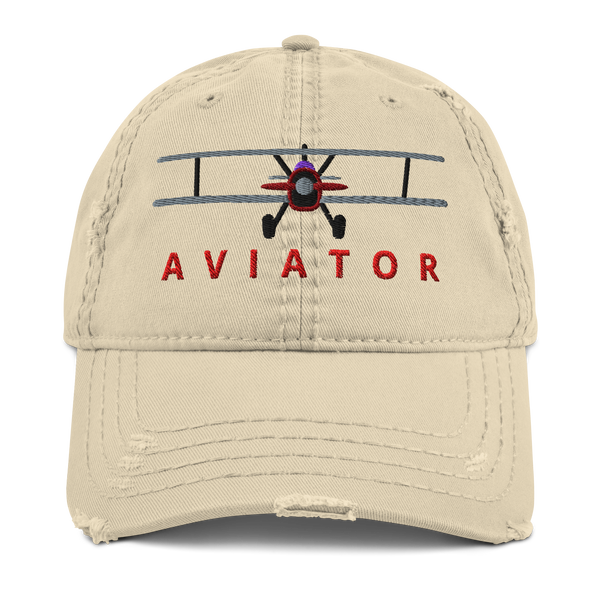 Distressed biplane dad hat in khaki, front view