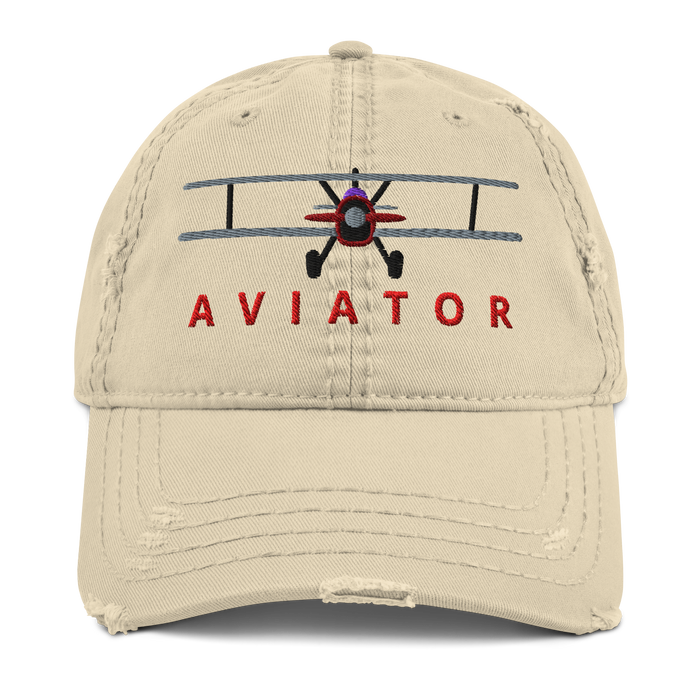 Distressed biplane dad hat in khaki, front view