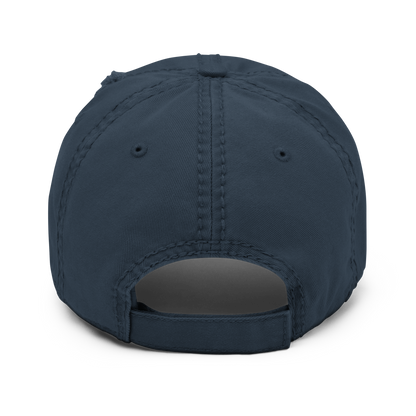 Back view of a distressed aviation dad hat showcasing its unstructured design and fabric details.