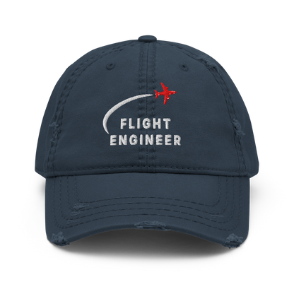 Flight Engineer distressed aviation dad hat with red airplane logo and distressed brim.