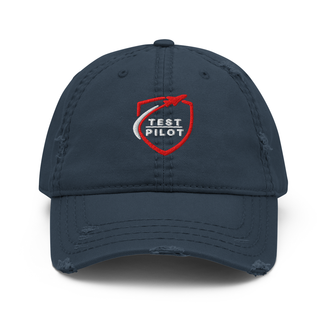 Test Pilot Aviation Hat with distressed design and embroidered logo on a navy blue cotton twill cap.