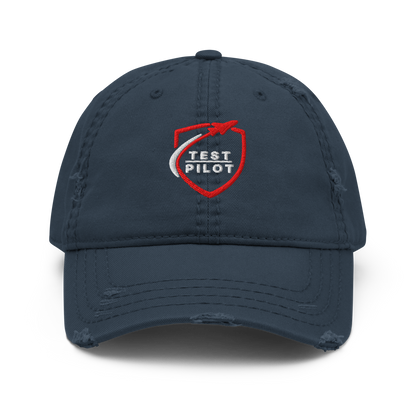Test Pilot Aviation Hat with distressed design and embroidered logo on a navy blue cotton twill cap.