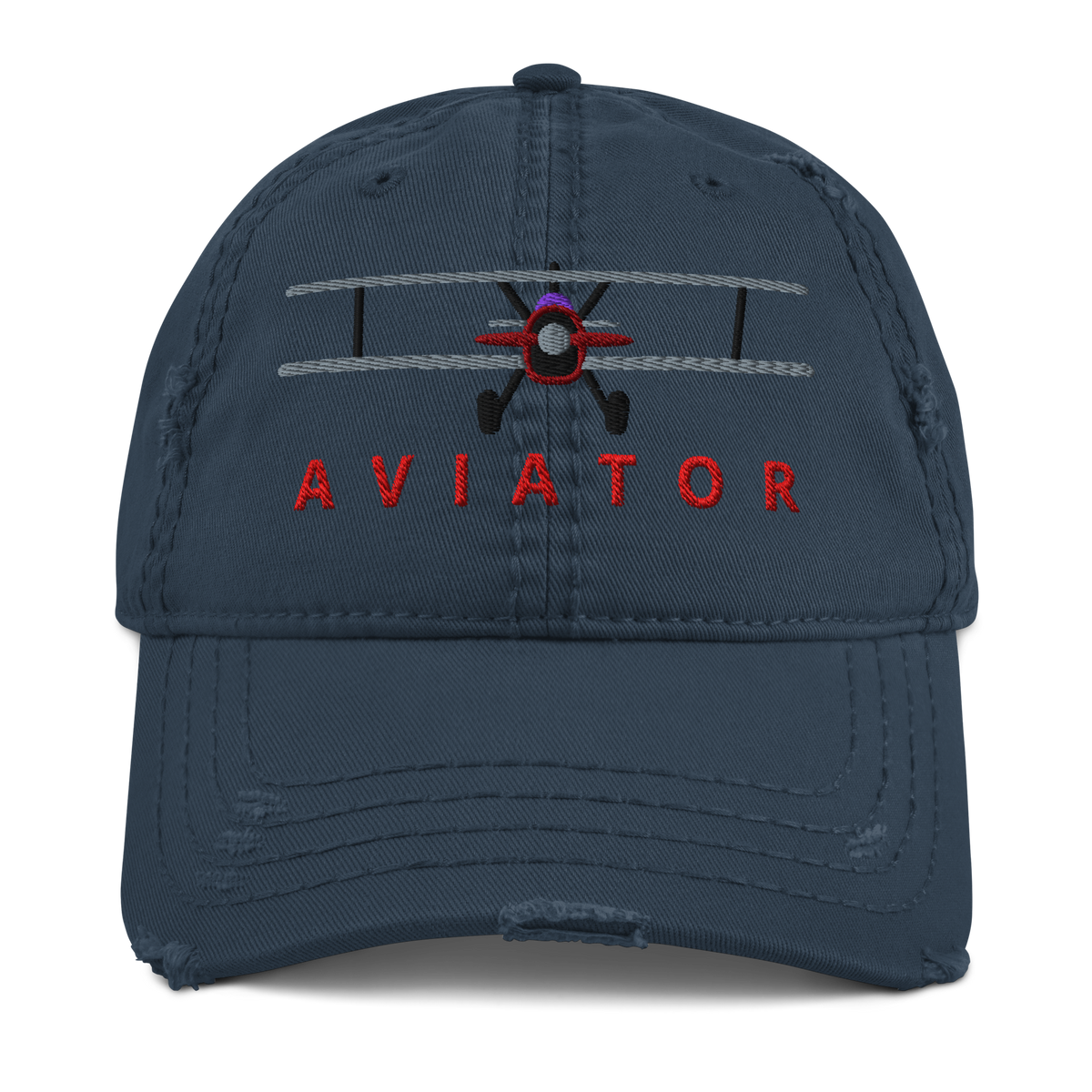 Navy biplane embroidered pilot dad hat, front view