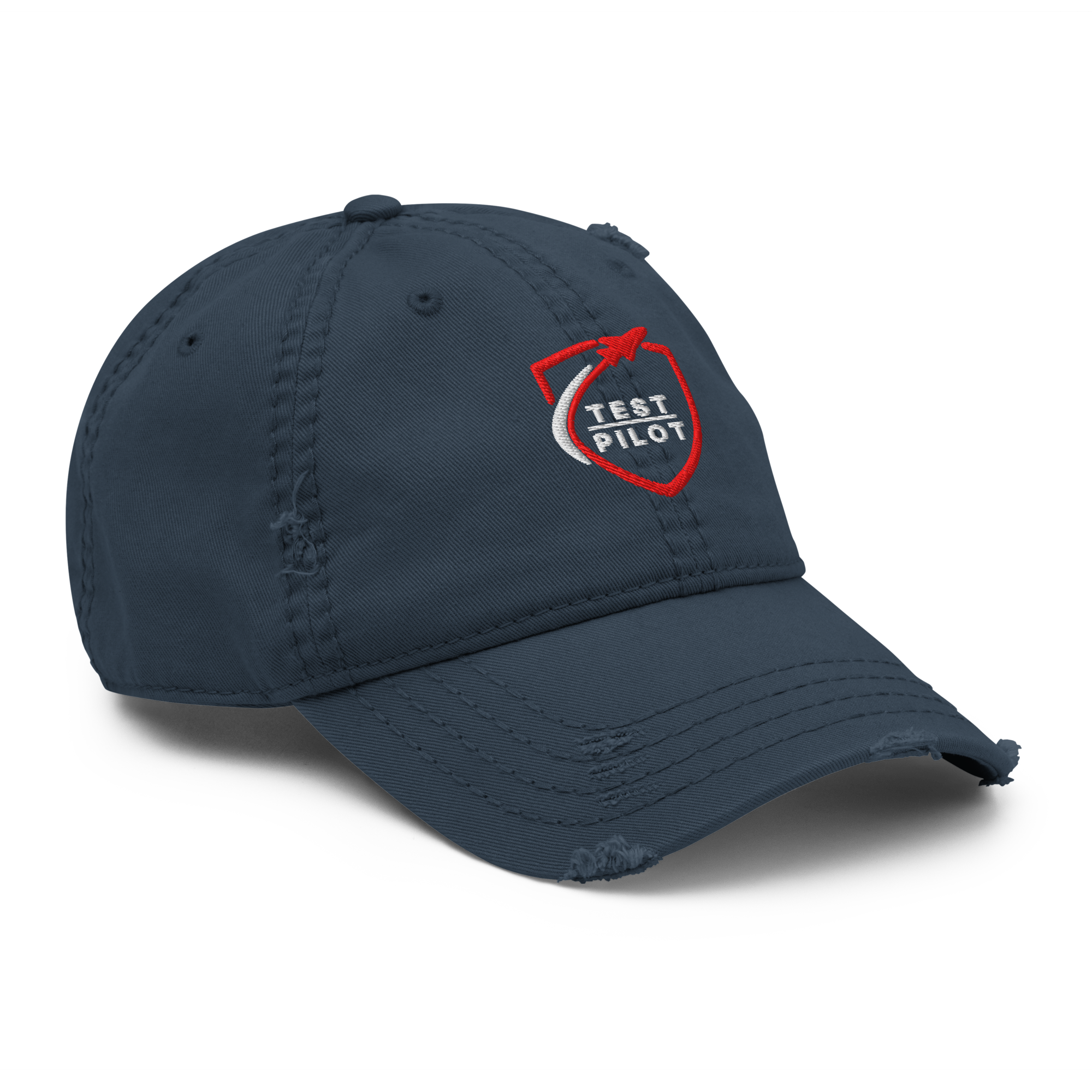 Test Pilot Aviation Hat in navy blue with distressed brim and embroidered logo, perfect for stylish outfits.