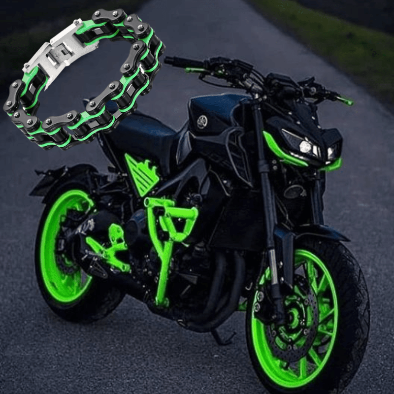 Colorful motorcycle chain bracelet displayed on a vibrant green motorcycle, showcasing motorcycle culture and style.