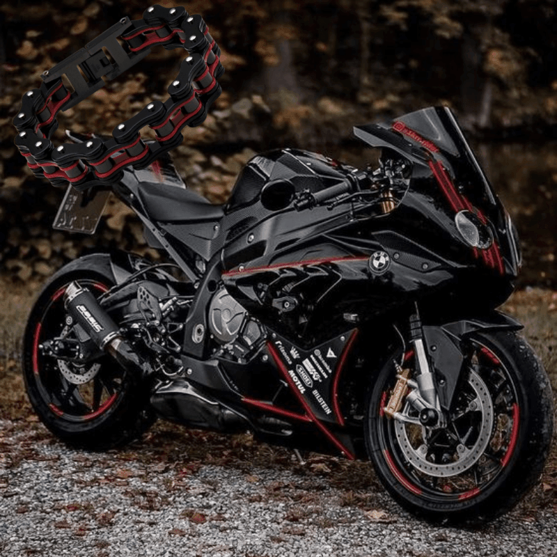 Colorful motorcycle chain bracelet displayed over a sleek black motorcycle, showcasing unique design and motorcycle culture.