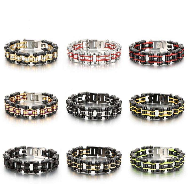 Colorful motorcycle chain bracelet in various designs and colors, showcasing durable stainless steel material.